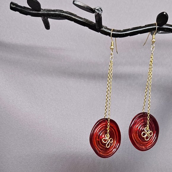 NWOT Red Pressed Glass Earrings, Handmade w/14k Gold Filled Chain - 3 3/4" - Picture 5 of 11